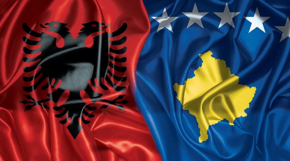 Albania,And,Kosovo,Two,Folded,Silk,Flags,Together